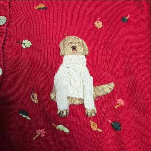 VINTAGE 90s red Talbots dog felted‎ fall leaves button up holiday cardigan S/M - Picture 4 of 12